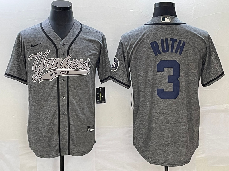 Men's New York Yankees Babe Ruth #3 Gray Jersey Joint Edition